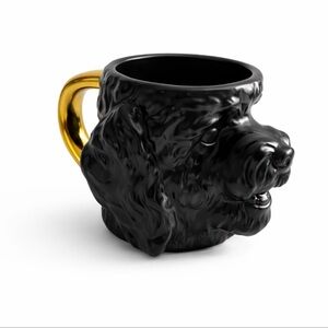 Tabitha brown black dog mug, gold handle, sculpted puppy coffee cup stoneware